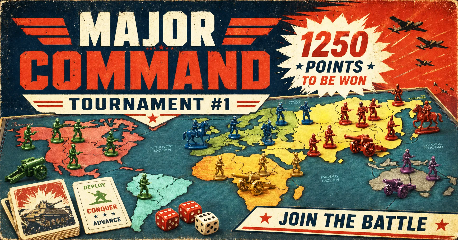 Retro MajorCommand tournament poster artwork showing board game pieces, dice, and a tournament prize theme